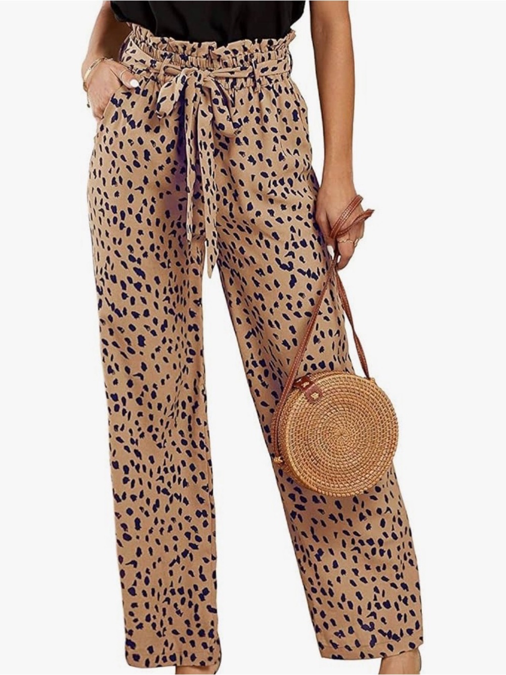 Paperbag Waist Wide-Leg Pants with Tie in Tan Leopard